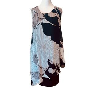 SLNY Floral Chiffon Dress Women's 14 Black White Asymmetric Overlap Semi Formal
